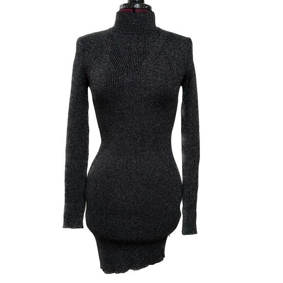 STEVE MADDEN Nadina Mock Neck Sweater Dress Long Sleeve Black Metallic NWT M - Picture 2 of 9